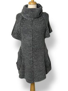 Vintage Navy Gray Short Sleeve Sweater Dress Swing Loose Turtle Neck Sz S/M